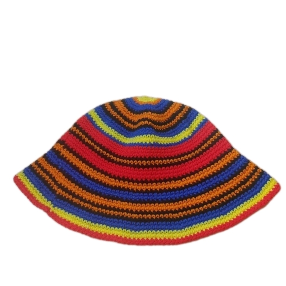 Boho Hippie Crochet Rainbow Striped Bucket Hat Adult One Size Handmade Festival - Picture 2 of 8